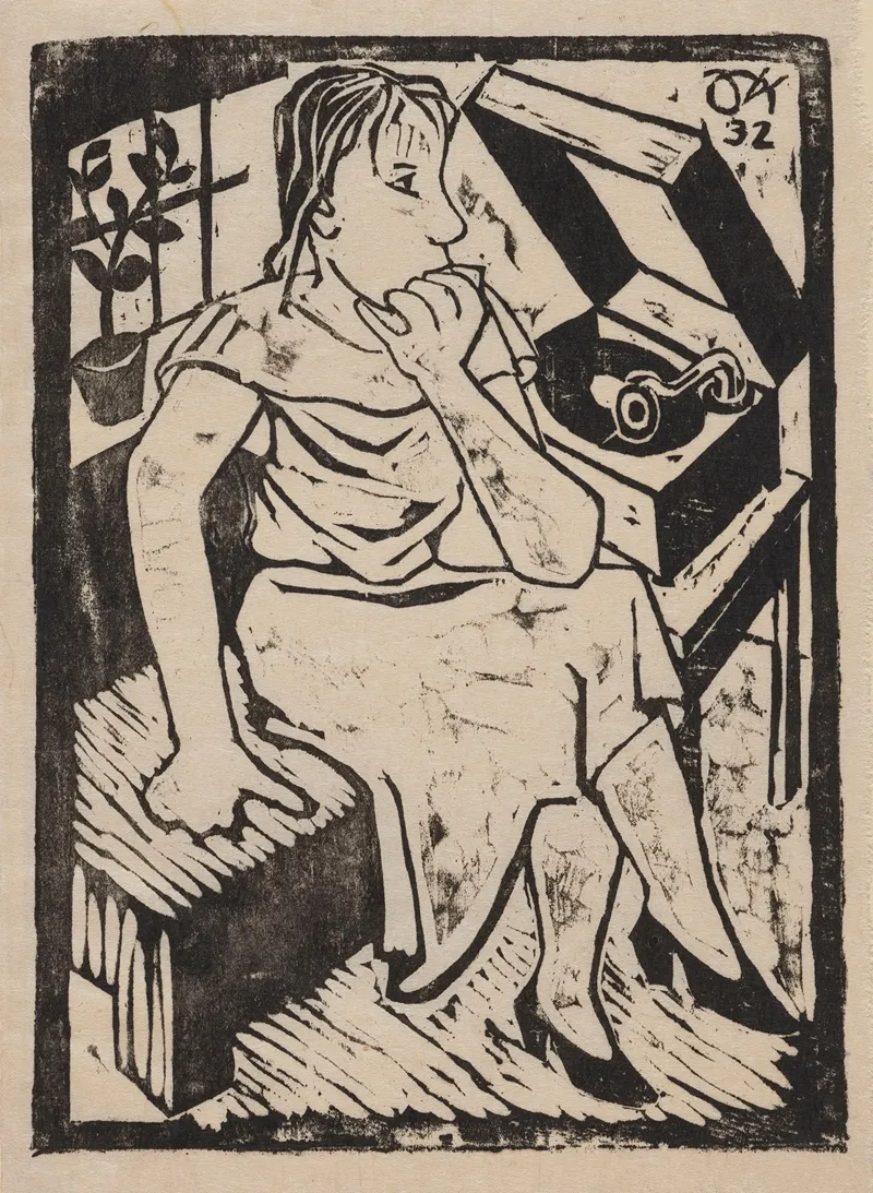Woman Listening To Music From A Phonograph Wall Art by Joachim Karsch - High-Resolution Digital Print