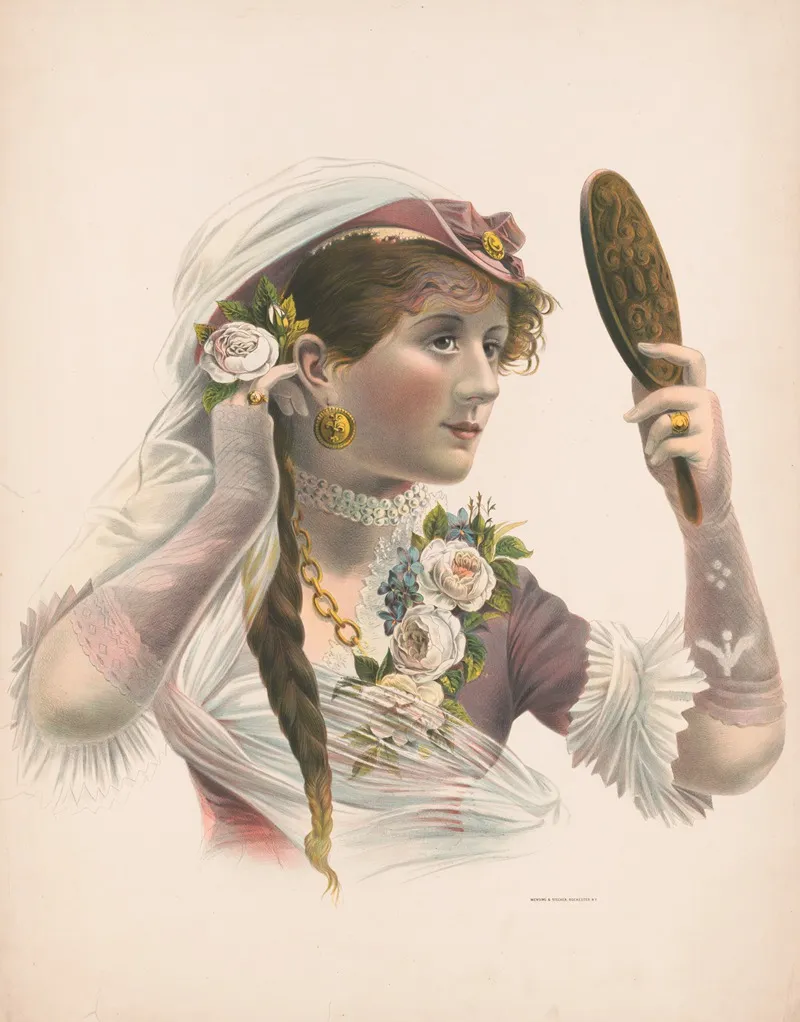 Woman Looking In Mirror Admiring Rose In Her Hair Wall Art by Mensing & Stecher - High-Resolution Digital Print