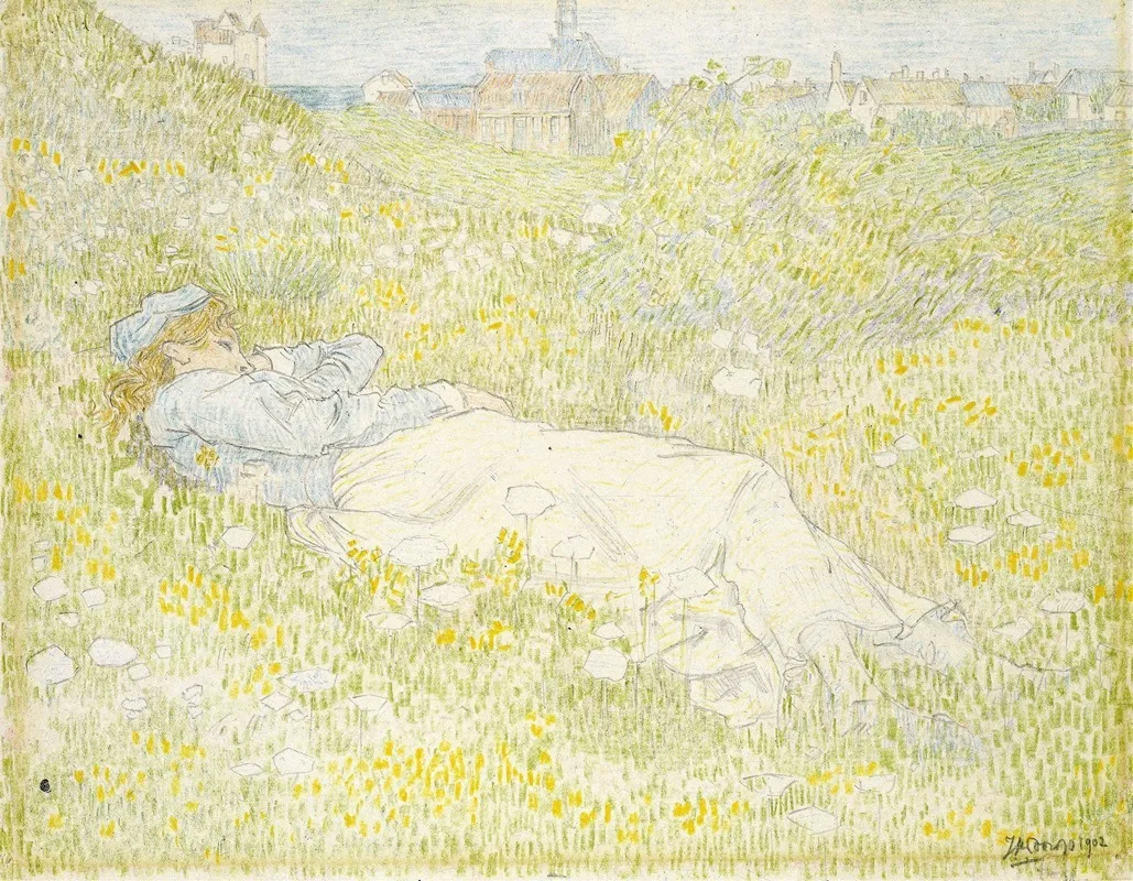 Woman Lying In The Dunes Near Noordwijk Wall Art by Jan Toorop - High-Resolution Digital Print