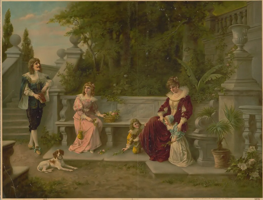 Woman Man And Children At Bench In Garden Wall Art by Kunstanstalten A.G. - High-Resolution Digital Print