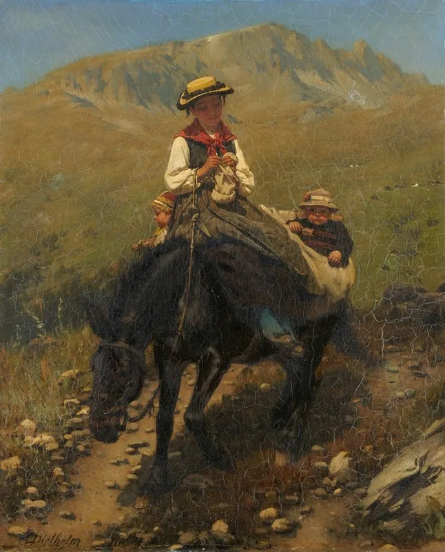 Woman Of The Valais With Two Children On A Mule