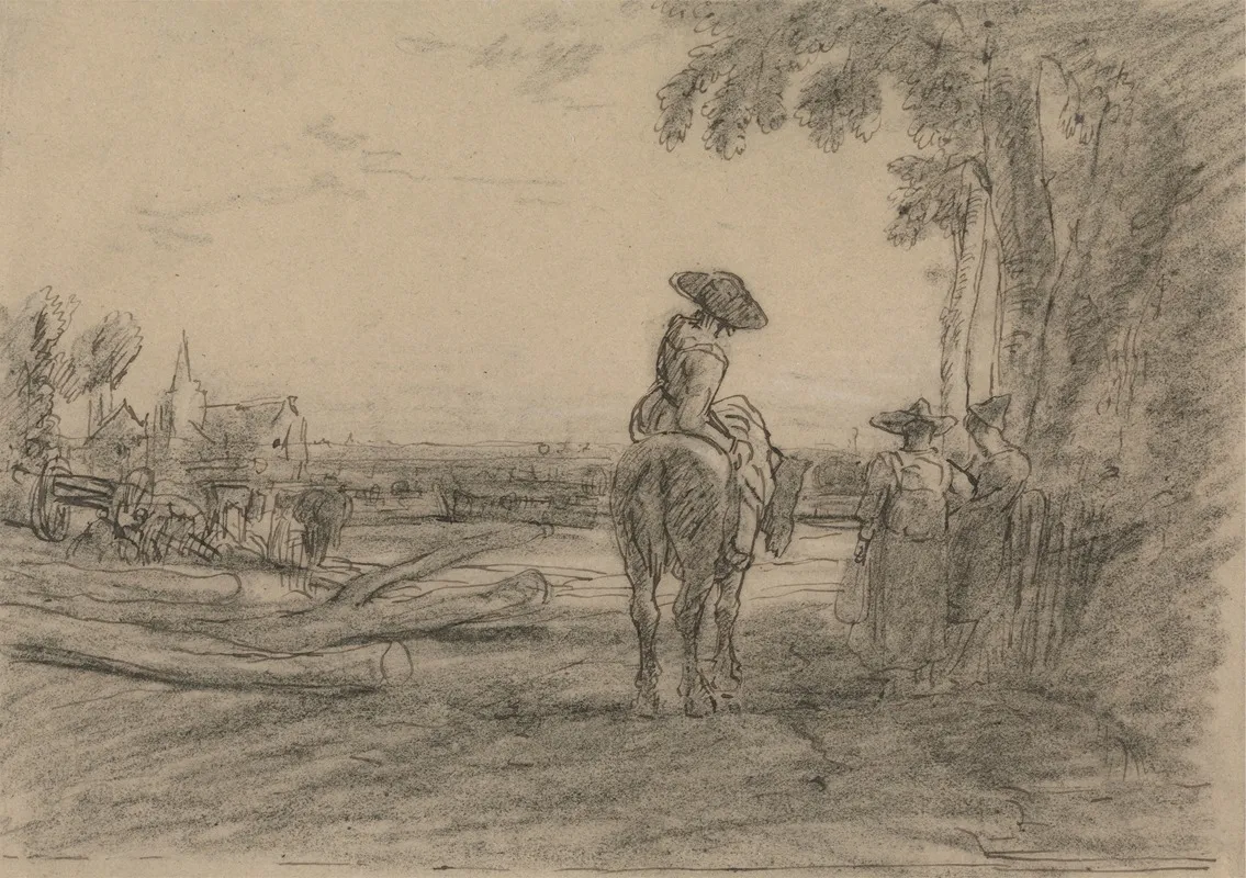 Woman On A Horse With Two Standing Women Overlooking A Landscape Wall Art by Sir Augustus Wall Callcott - High-Resolution Digital Print