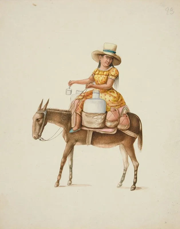 Woman On Mule Carrying Jars Wall Art by Francisco Fierro - High-Resolution Digital Print