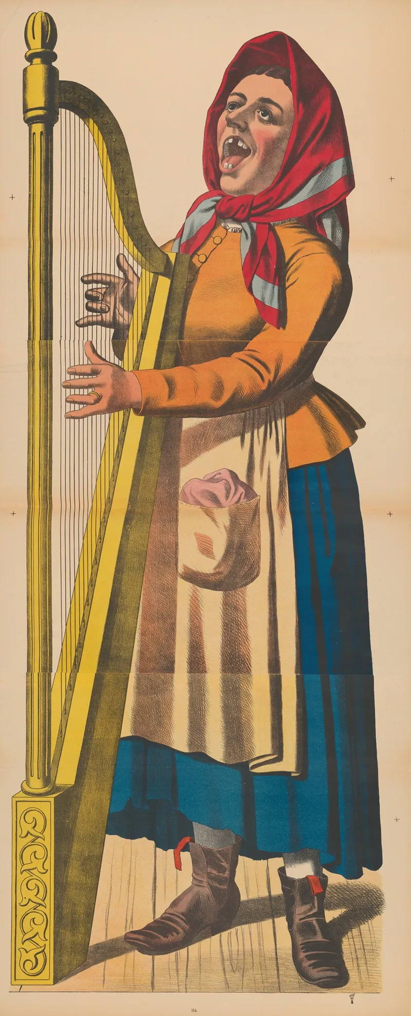 Woman Playing Harp And Singing With Mouth Wide Open And Several Teeth Missing Wall Art by René Ackermann - High-Resolution Digital Print