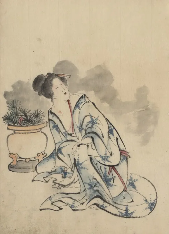 Woman Possibly A Courtesan Sitting Next To A Flowerpot Wall Art by Katsushika Hokusai - High-Resolution Digital Print