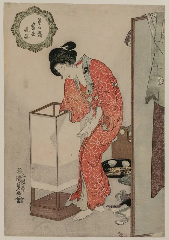 Woman Putting Out A Light From The Series Modern Customs Frost Beneath The Stars Wall Art by Utagawa Kunisada (Toyokuni III) - High-Resolution Digital Print