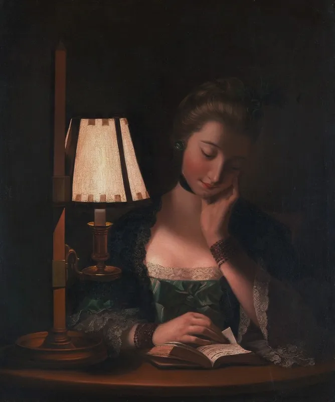 Woman Reading By A Paper Bell Shade Wall Art by Henry Robert Morland - High-Resolution Digital Print