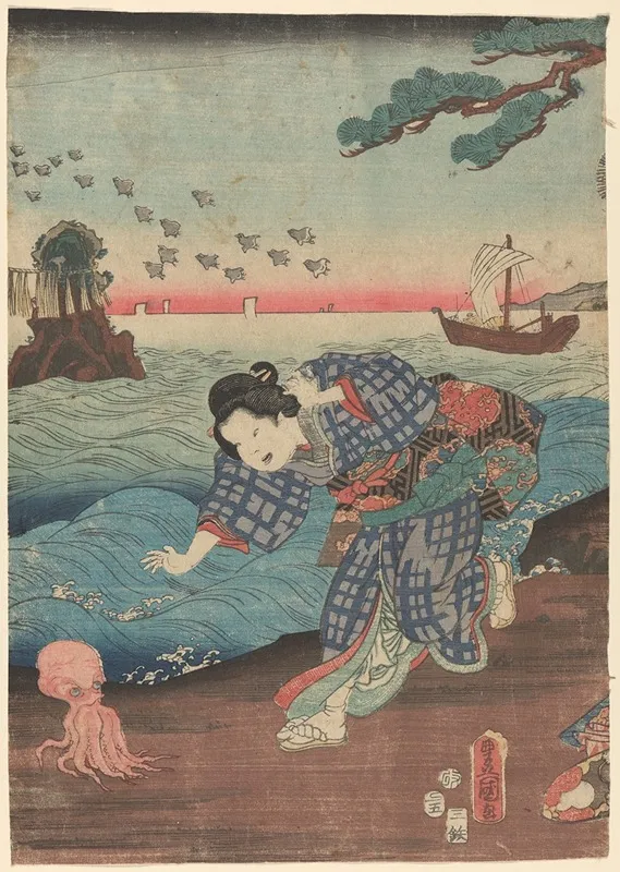 Woman Running On Seashore Octopus Wall Art by Toyokuni Utagawa - High-Resolution Digital Print