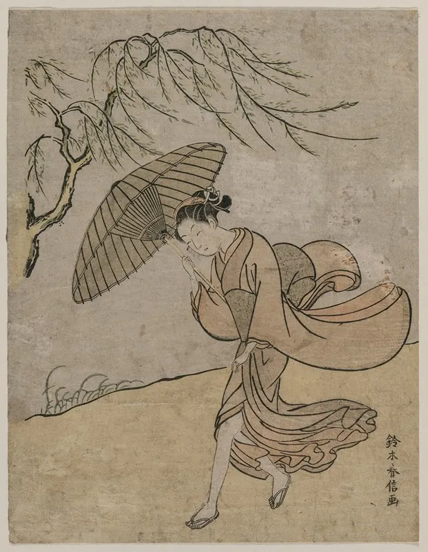 Woman Running Past A Willow Tree In A Breeze