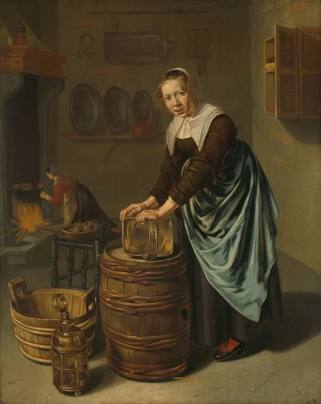Woman Scouring A Vessel Wall Art by Hendrick Ten Oever - High-Resolution Digital Print
