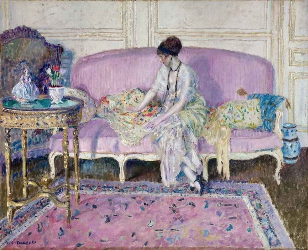 Woman Seated On Sofa In Interior Wall Art by Frederick Carl Frieseke - High-Resolution Digital Print