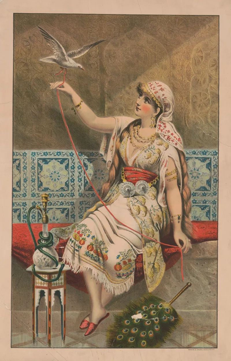 Woman Seated With Peacock Fan Hookah Pipe And White Bird Wall Art by Mensing & Stecher - High-Resolution Digital Print
