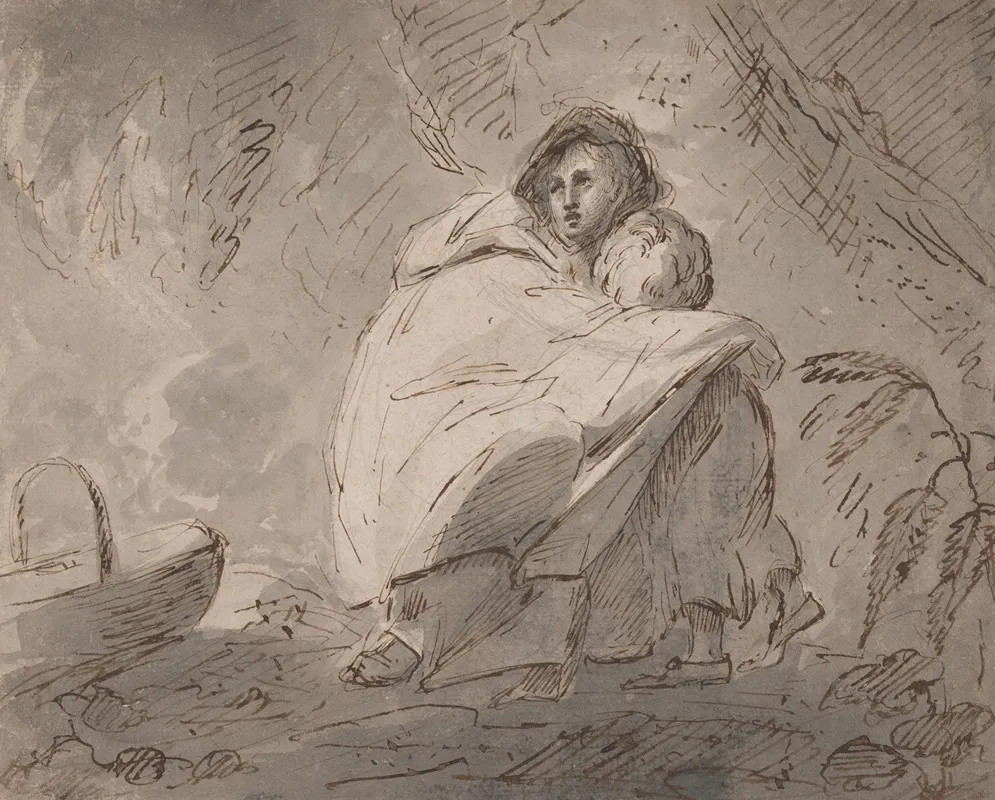 Woman Sheltering A Child In A Landscape