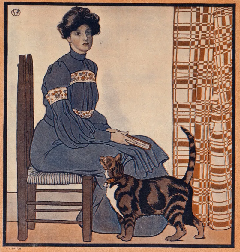 Woman Sitting On A Chair Holding A Book With A Cat Looking On Wall Art by Edward Penfield - High-Resolution Digital Print