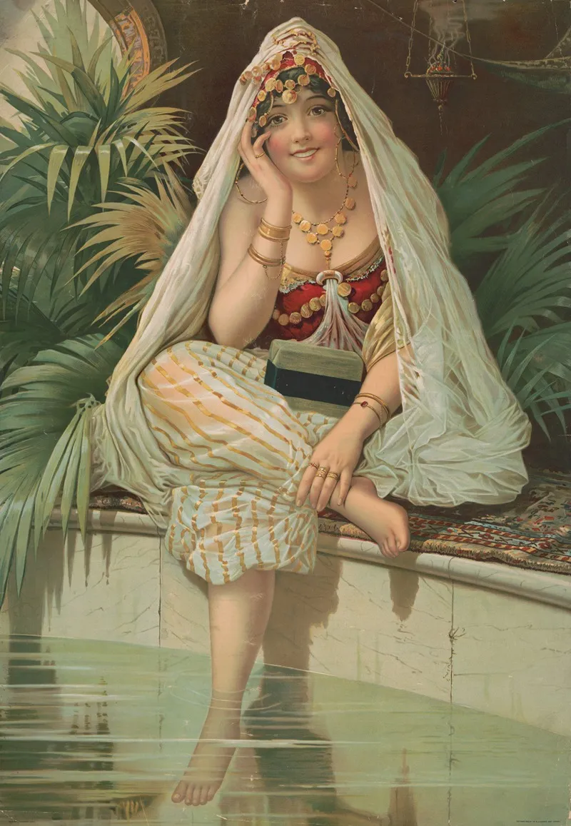 Woman Sitting With Foot In Water Next To Bar Of Soap Wall Art by American Lithograph Co. - High-Resolution Digital Print