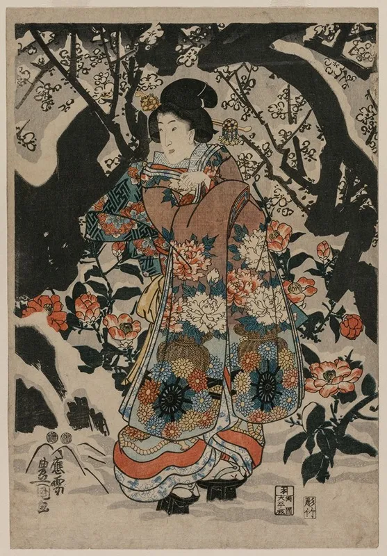 Woman Standing Beside A Plum Tree Wall Art by Utagawa Kunisada (Toyokuni III) - High-Resolution Digital Print