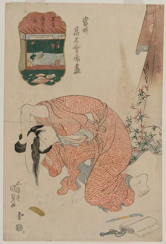 Woman Tying Her Hair From The Series Famous Restaurants Of The Present Day Wall Art by Utagawa Kunisada (Toyokuni III) - High-Resolution Digital Print