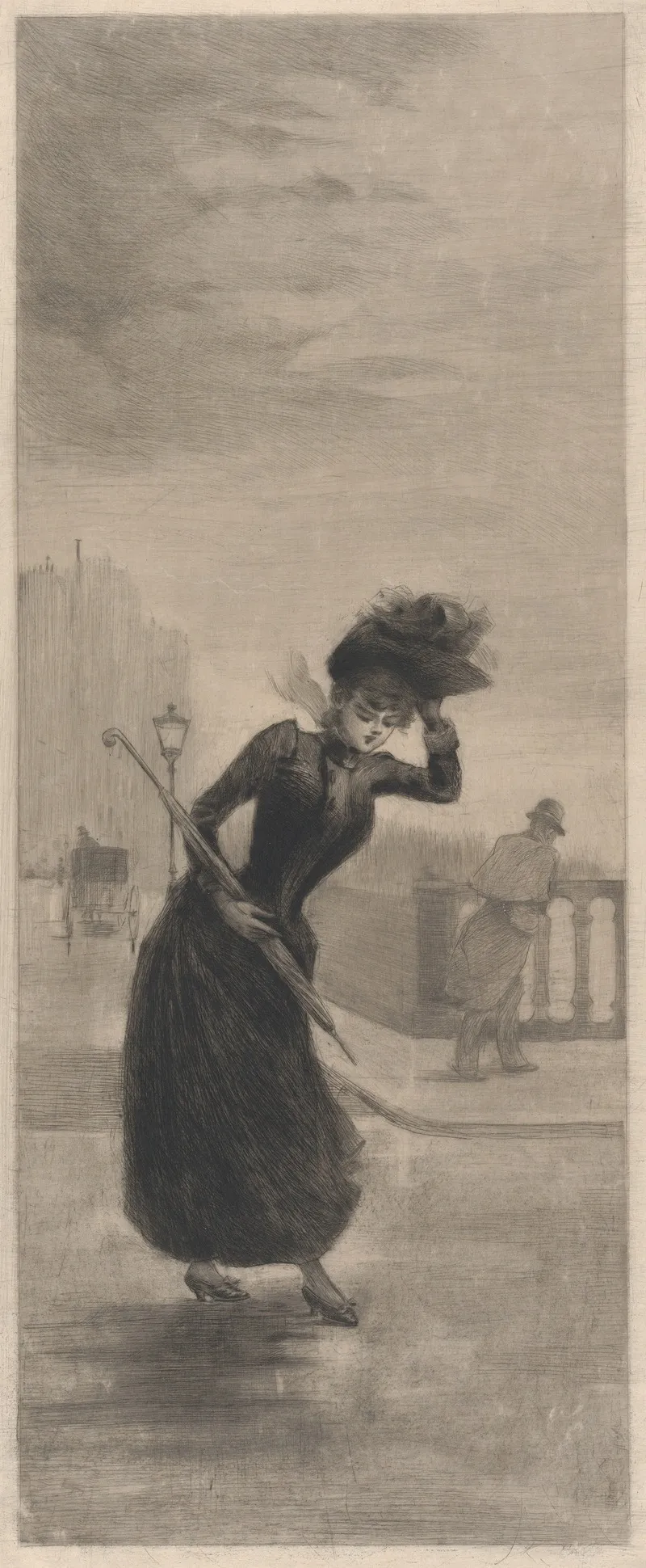 Woman Walking In The Wind Holding An Umbrella Wall Art by Henri Boutet - High-Resolution Digital Print