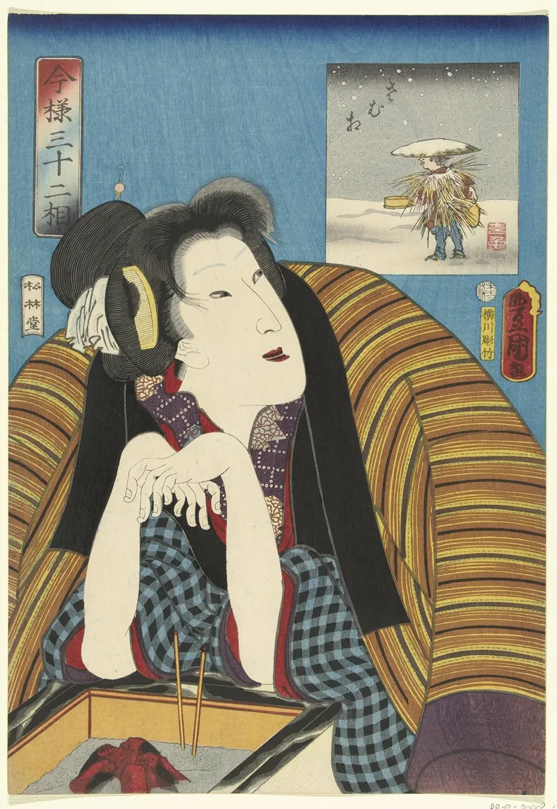 Woman Warming Her Hands At A Hibachi Wall Art by Utagawa Kunisada (Toyokuni III) - High-Resolution Digital Print