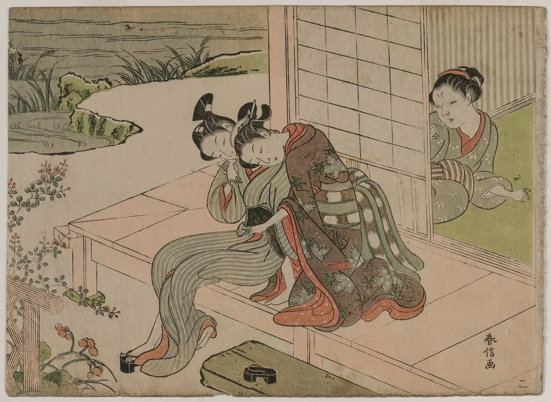 Woman Watching Young Couple Embrace On A Veranda