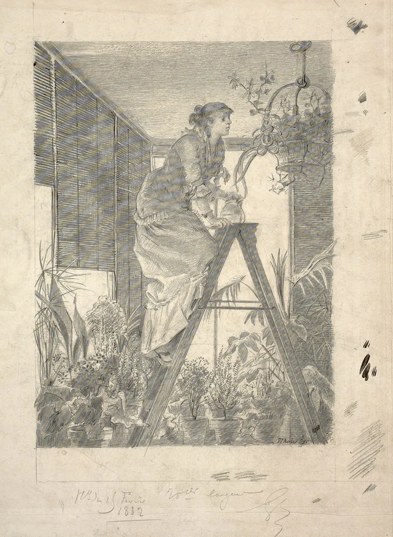 Woman Watering Flowers Hanging From A Lamp Chandelier