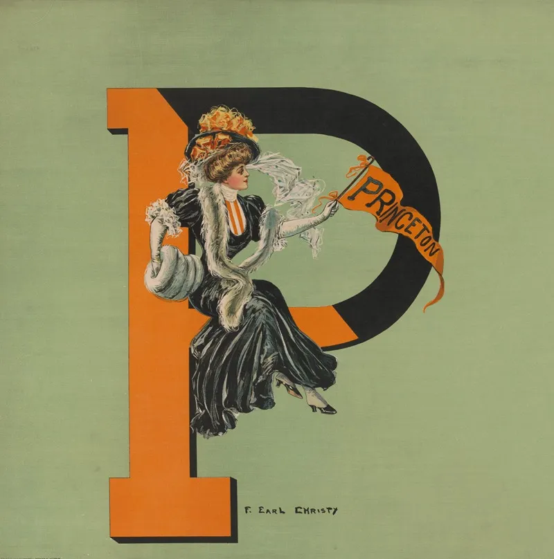 Woman Waving A Princeton Flag Sitting On A Giant P Wall Art by F. Earl Christy - High-Resolution Digital Print
