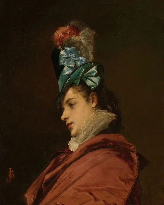 Woman Wearing A Hat With A Blue Ribbon Wall Art by Jules-Adolphe Goupil - High-Resolution Digital Print