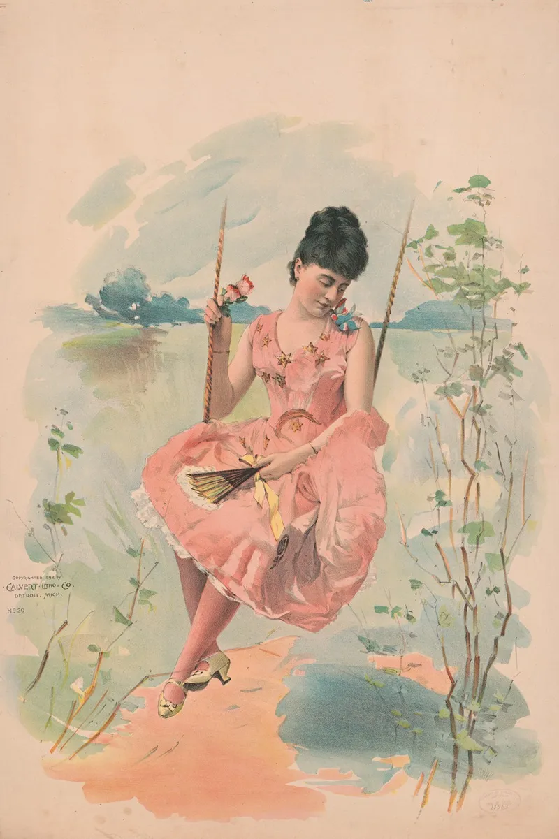 Woman Wearing A Pink Dress With Gold Stars Sitting On A Swing 2 Wall Art by Calvert Litho. Co - High-Resolution Digital Print