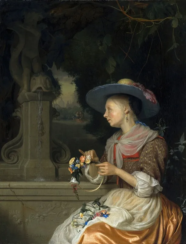 Woman Weaving A Crown Of Flowers Wall Art by Godfried Schalcken - High-Resolution Digital Print