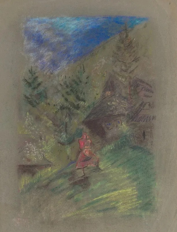 Woman With A Child In Front Of Cottages Wall Art by Arnold Peter Weisz-Kubínčan - Canvas Print