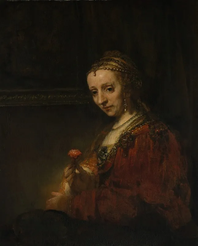 Woman With A Pink Wall Art by Rembrandt van Rijn - High-Resolution Digital Print