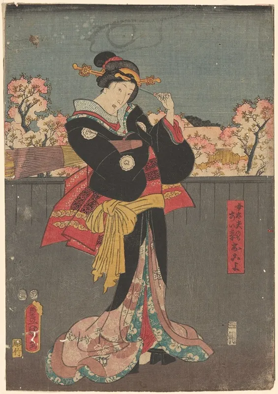 Woman With Black Wrap Against Grey Fence Cherry Trees In Bloom In Background Wall Art by Toyokuni Utagawa - High-Resolution Digital Print