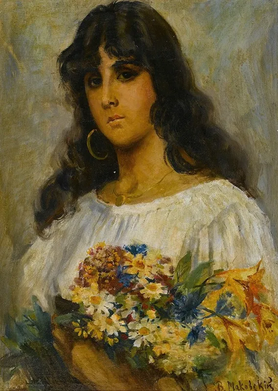 Woman With Flowers Wall Art by Manner of Vladimir Makovsky - High-Resolution Digital Print