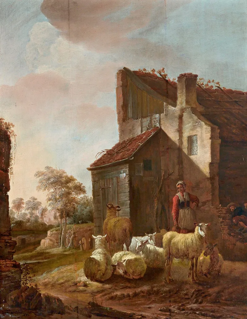 Woman With Sheep At The Ruins Of The Gatehouse Of Brederode Castle Wall Art by Jan Baptist Wolfaerts - High-Resolution Digital Print