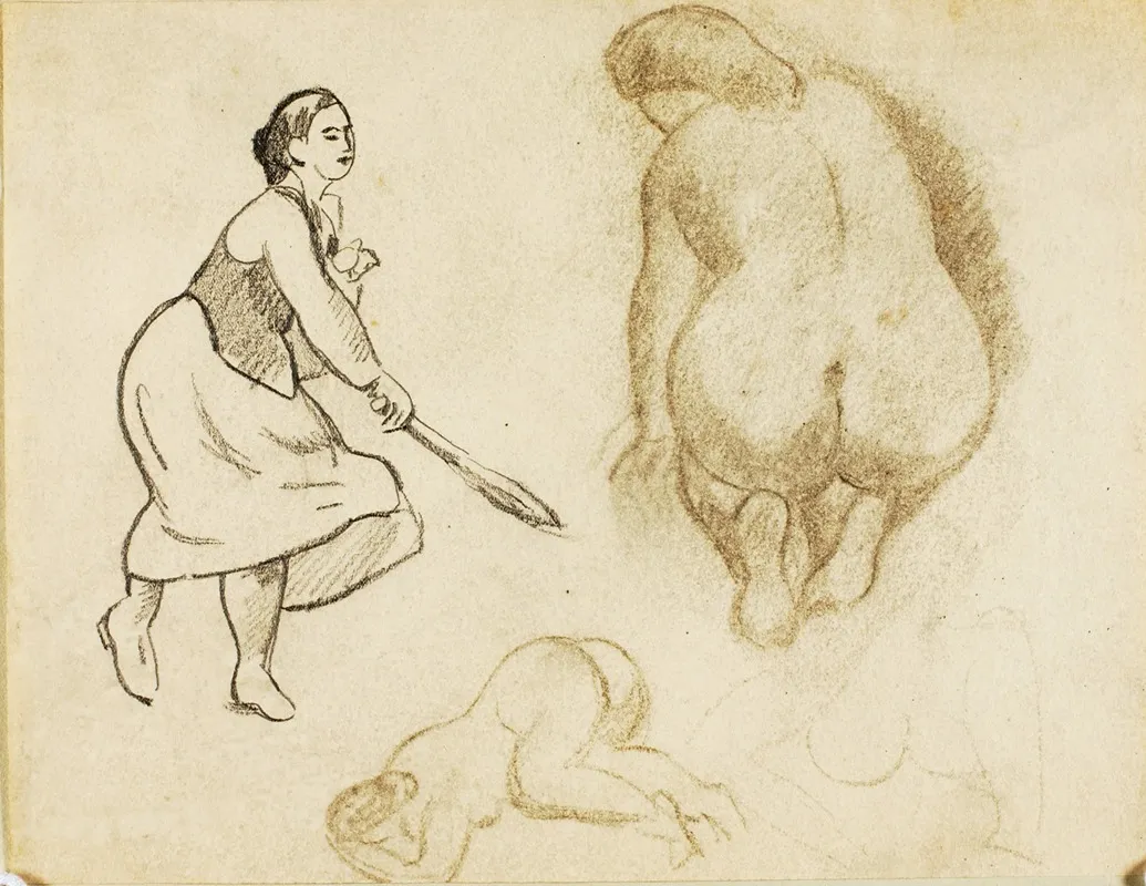 Woman With Tennis Racket And Two Figure Studies