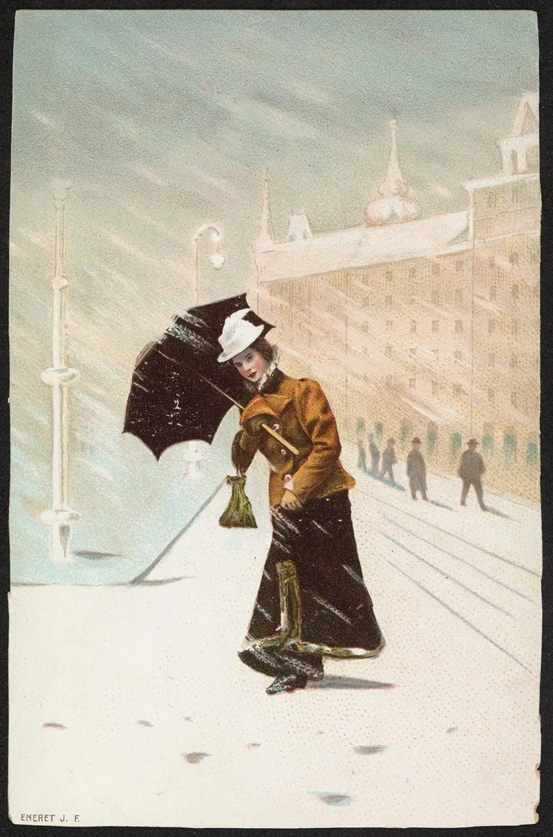 Woman With Umbrella In Winter Weather Wall Art by John Fredrikson Bog &amp; Kunstfolag - High-Resolution Digital Print