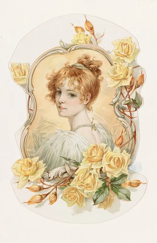Womans Portrait Enframed With Yellow Roses