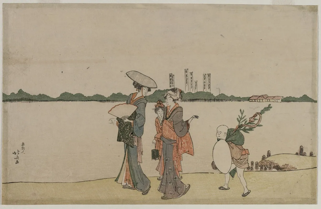 Women And Children Walking Along The Sumida River Wall Art by Katsushika Hokusai - High-Resolution Digital Print