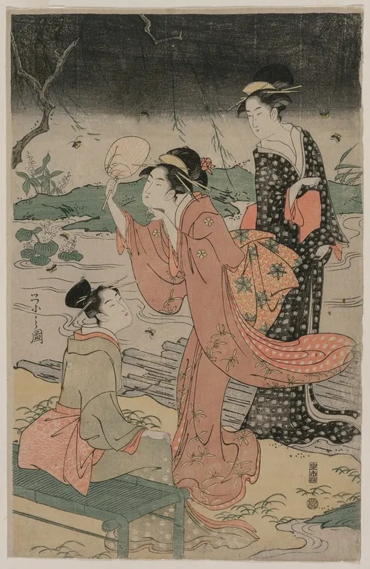 Women Beside A Stream Chasing Fireflies