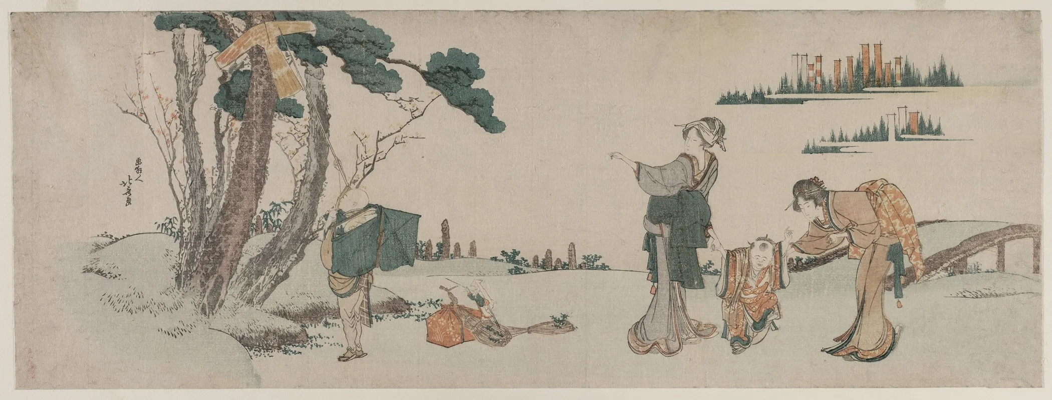 Women Distracting A Child Whose Kite Is Caught In A Tree Wall Art by Katsushika Hokusai - High-Resolution Digital Print