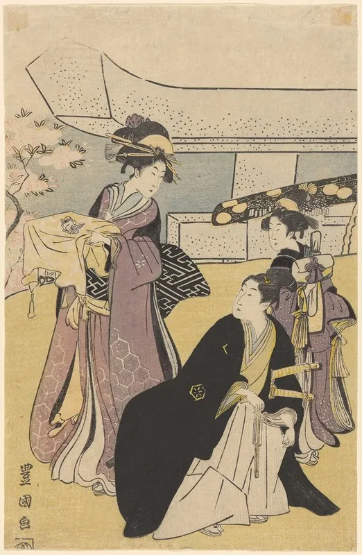 Women In Lavender Kimonos Man In Black Fan And Swords Wall Art by Toyokuni Utagawa - High-Resolution Digital Print