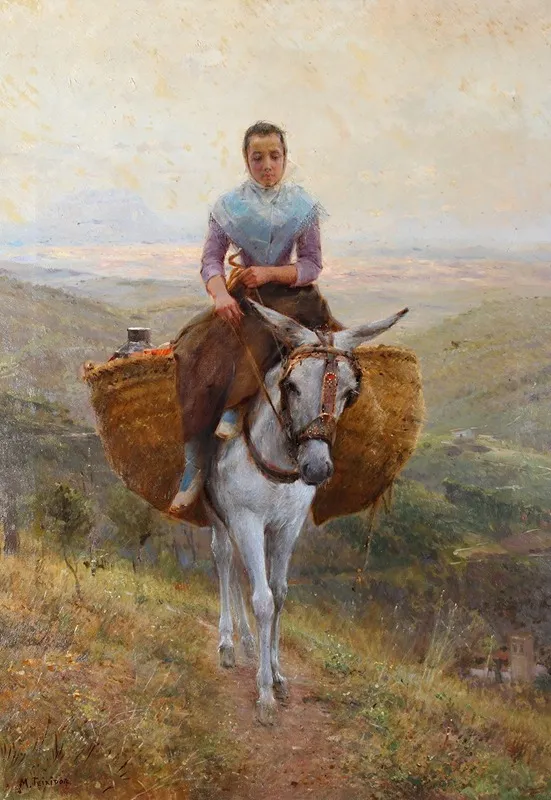 Women Riding A Donkey Wall Art by Modesto Teixidor y Torres - High-Resolution Digital Print