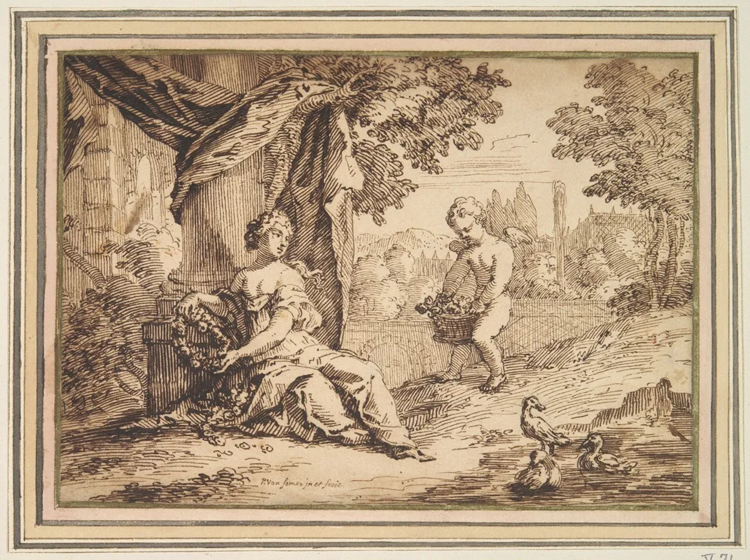 Women Seated Beneath Pillar With Putto Wall Art by Paul van Somer - High-Resolution Digital Print