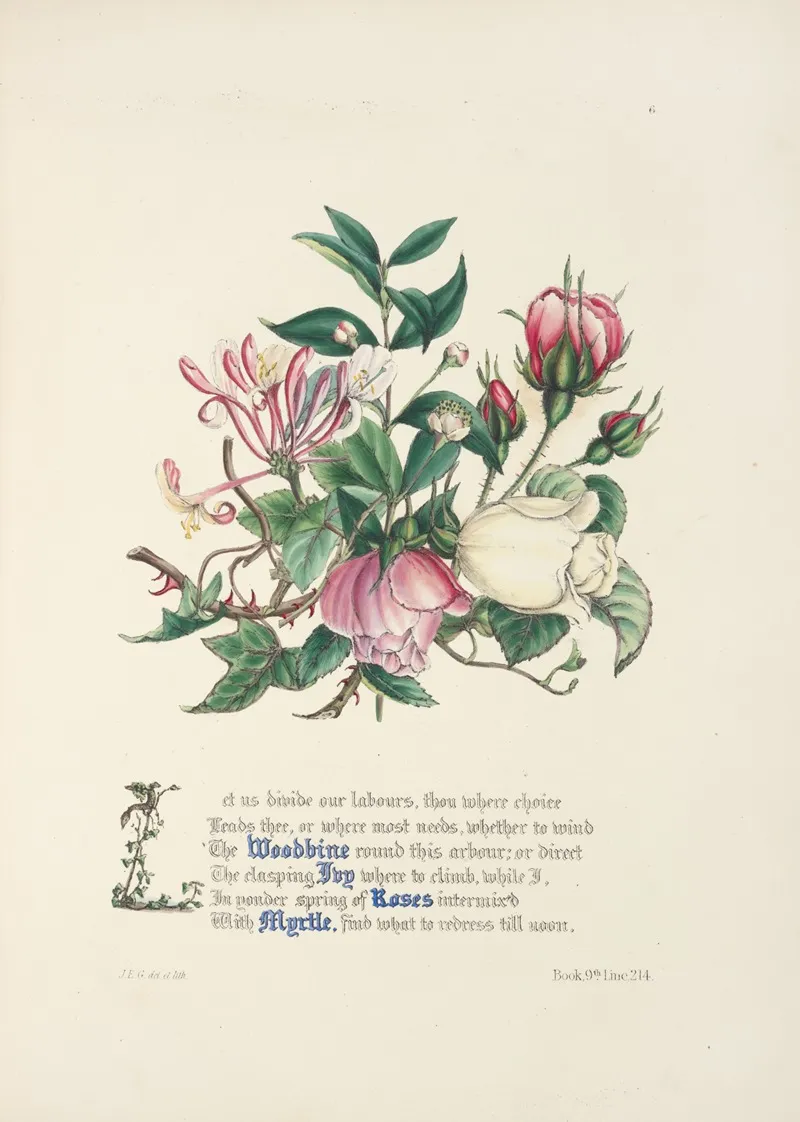 Woodbine Ivy Roses And Myrtle Wall Art by Jane Elizabeth Giraud - High-Resolution Digital Print