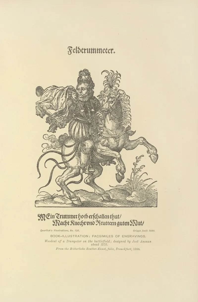 Woodcut Of A Trumpeter On The Battlefield Designed By Jost Amman Wall Art by Bernard Quaritch - High-Resolution Digital Print