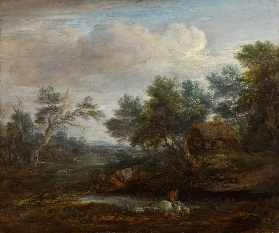 Wooded Landscape With A Mounted Figure On A Horse Drinking At A Pool A Thatched Cottage Beyond Wall Art by Thomas Gainsborough - High-Resolution Digital Print