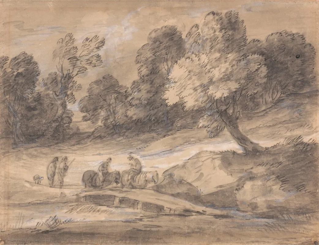 Wooded Landscape With Figures On Horseback Crossing A Bridge Wall Art by Thomas Gainsborough - High-Resolution Digital Print