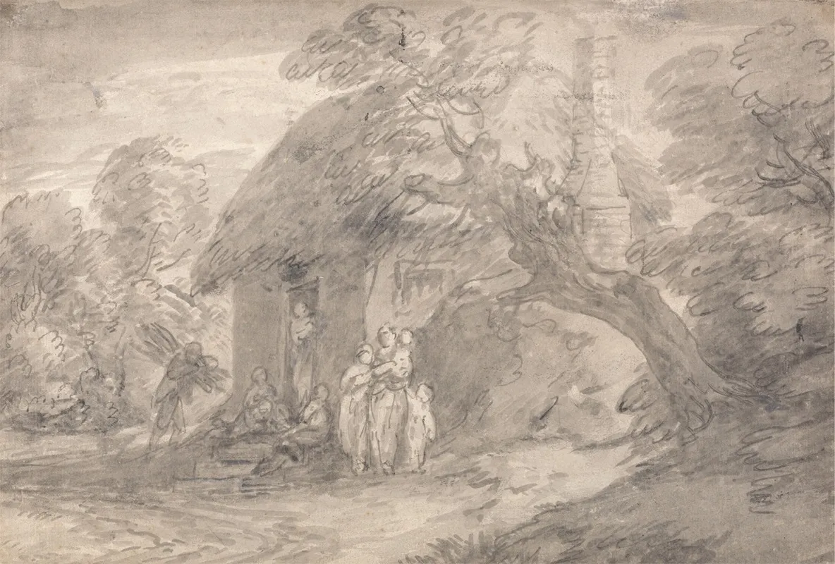 Wooded Landscape With Figures Outside A Cottage Door Wall Art by Thomas Gainsborough - High-Resolution Digital Print