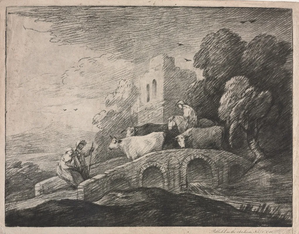 Wooded Landscape With Herdsmen Driving Cattle Wall Art by Thomas Gainsborough - High-Resolution Digital Print