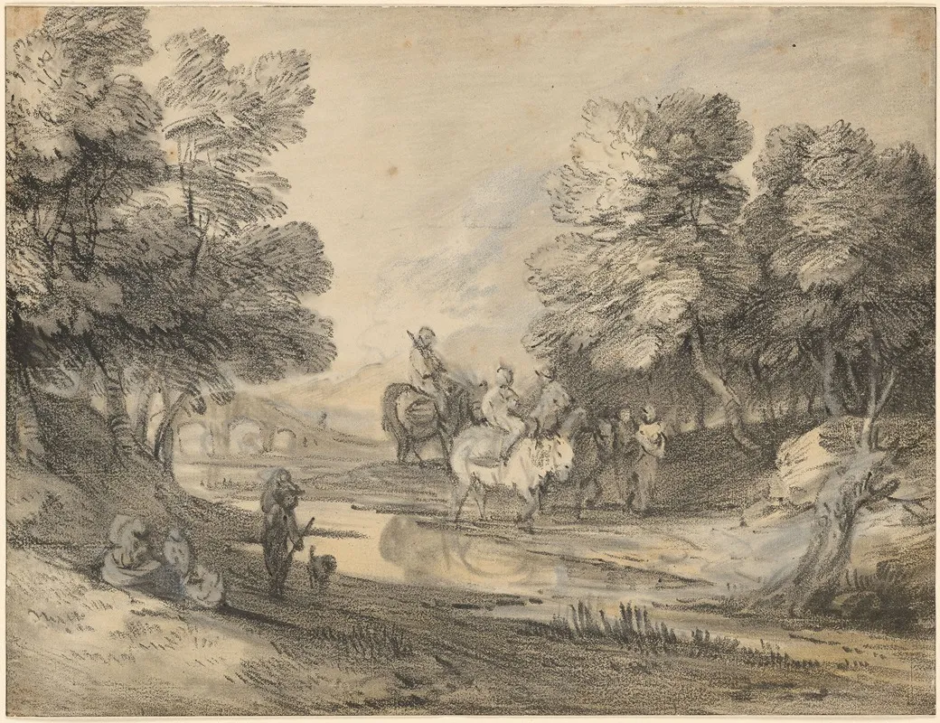 Wooded Landscape With Horseman Figures And Bridge Wall Art by Thomas Gainsborough - High-Resolution Digital Print